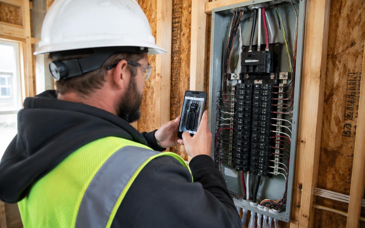 Elektriker dokumentiert seine Arbeit am Verteilerkasten mit dem Smartphone