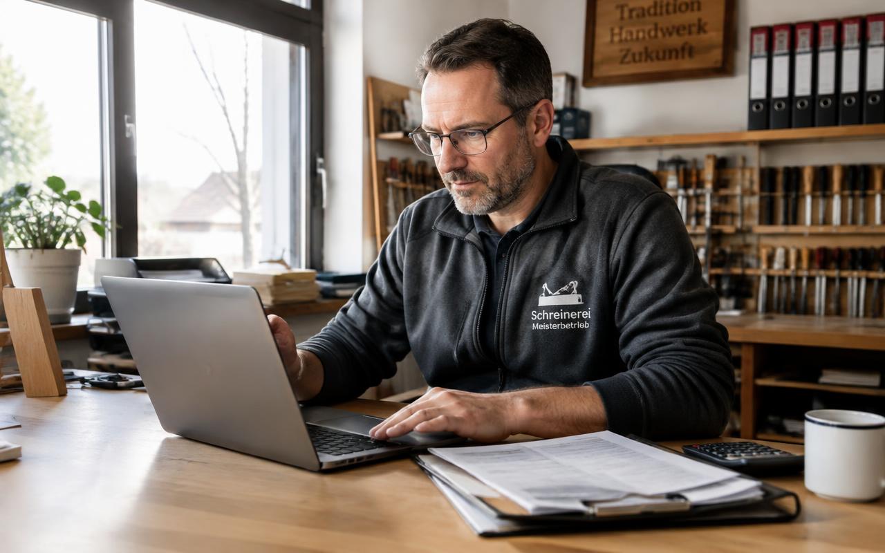 Schreinermeister schreibt Rechnungen am Laptop in seinem Werkstattbüro