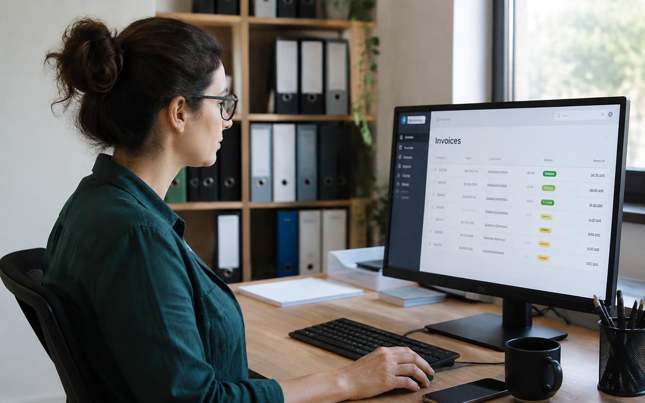 Mitarbeiterin prüft digitale Rechnungen im Büro eines Handwerksbetriebs