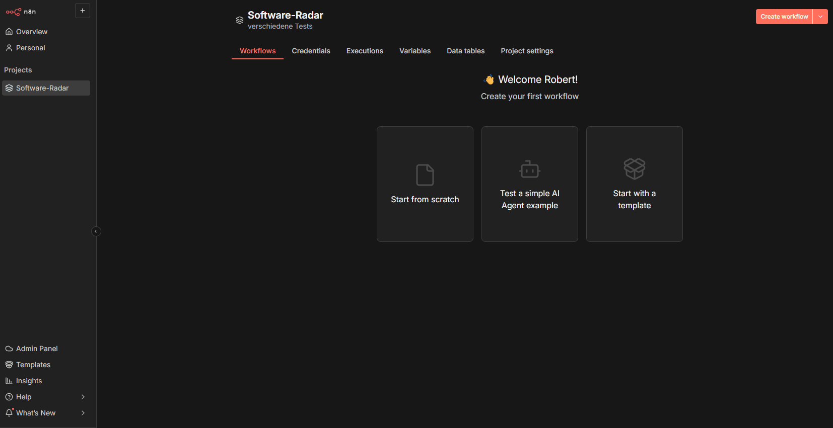 n8n Dashboard nach dem ersten Login mit drei Optionen: Start from scratch, Test AI Agent, Use Template