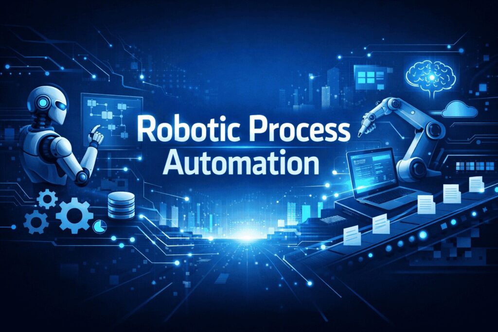 Stilisiertes Bild von verschiedenen Robotic Process Automation Vorgängen für unsere Übersichtsseite mit allen Artikeln