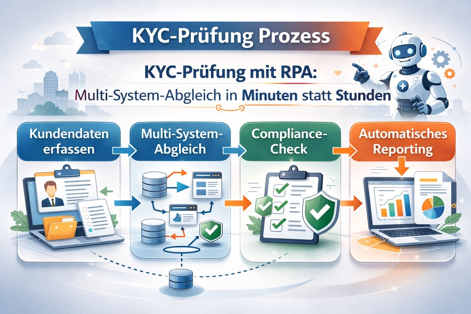 Prozessdiagramm zeigt RPA-Beispiel KYC-Prüfung in Banken: Kundendaten erfassen, Multi-System-Abgleich, Compliance-Check, automatisches Reporting