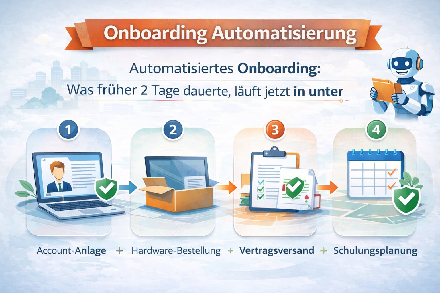 Schritt-für-Schritt-Grafik zeigt RPA-Beispiel automatisiertes Mitarbeiter-Onboarding: Account-Anlage, Hardware-Bestellung, Vertragsversand, Schulungsplanung