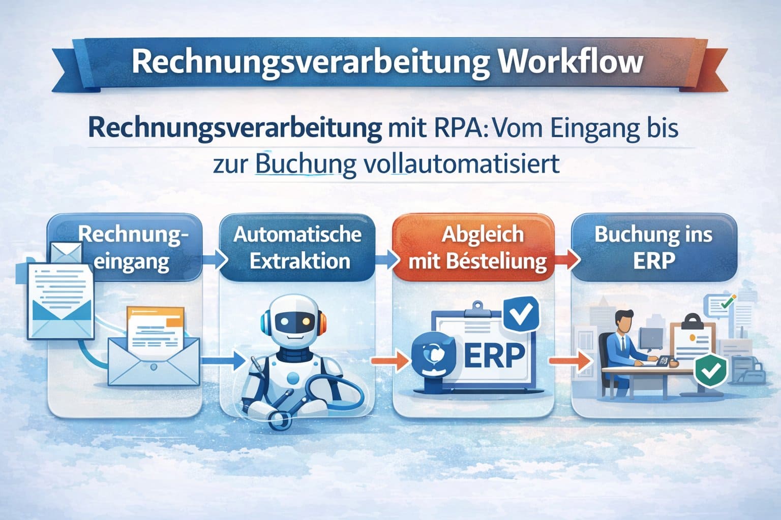 Workflow-Diagramm zeigt RPA-Beispiel Rechnungsverarbeitung: automatische Extraktion, Abgleich mit Bestellung, Buchung ins ERP und Freigabe-Workflow