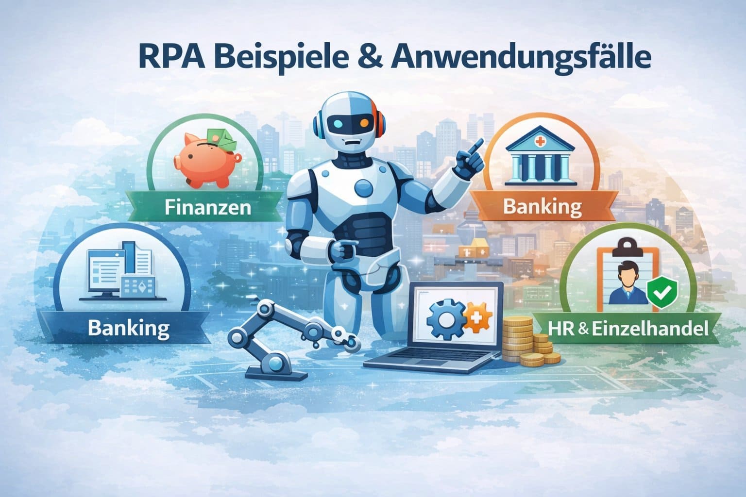 Infografik zeigt RPA-Beispiele und Anwendungsfälle nach Branchen: Finanzen, Banking, Gesundheitswesen, HR und Einzelhandel