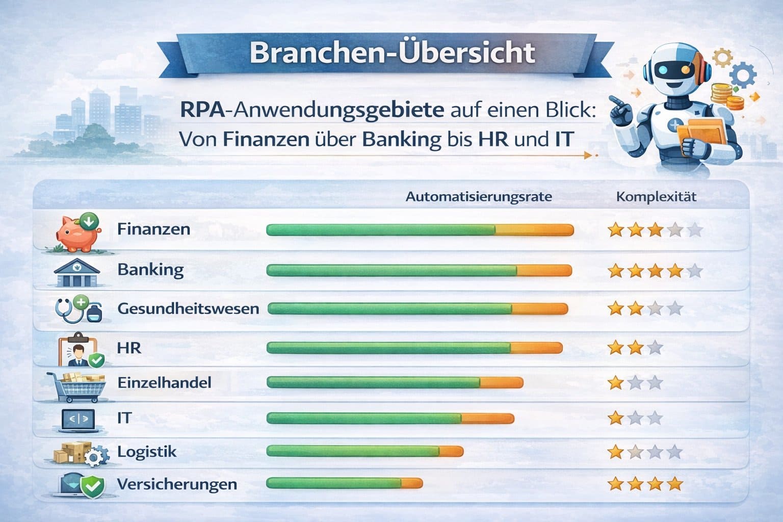 Übersicht aller RPA-Anwendungsbereiche nach Branchen mit Automatisierungsraten und Komplexitätsstufen