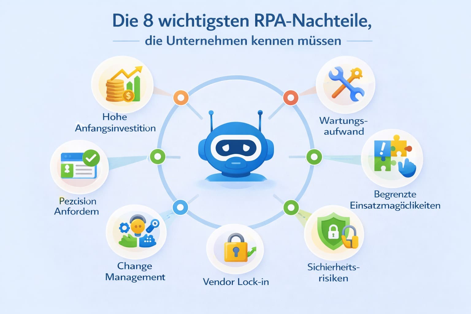 Diagramm zeigt die 8 wichtigsten RPA-Nachteile: hohe Anfangsinvestition, Wartungsaufwand, begrenzte Einsatzmöglichkeiten, UI-Abhängigkeit, Skalierungsprobleme, Change Management, Sicherheitsrisiken, Vendor Lock-in