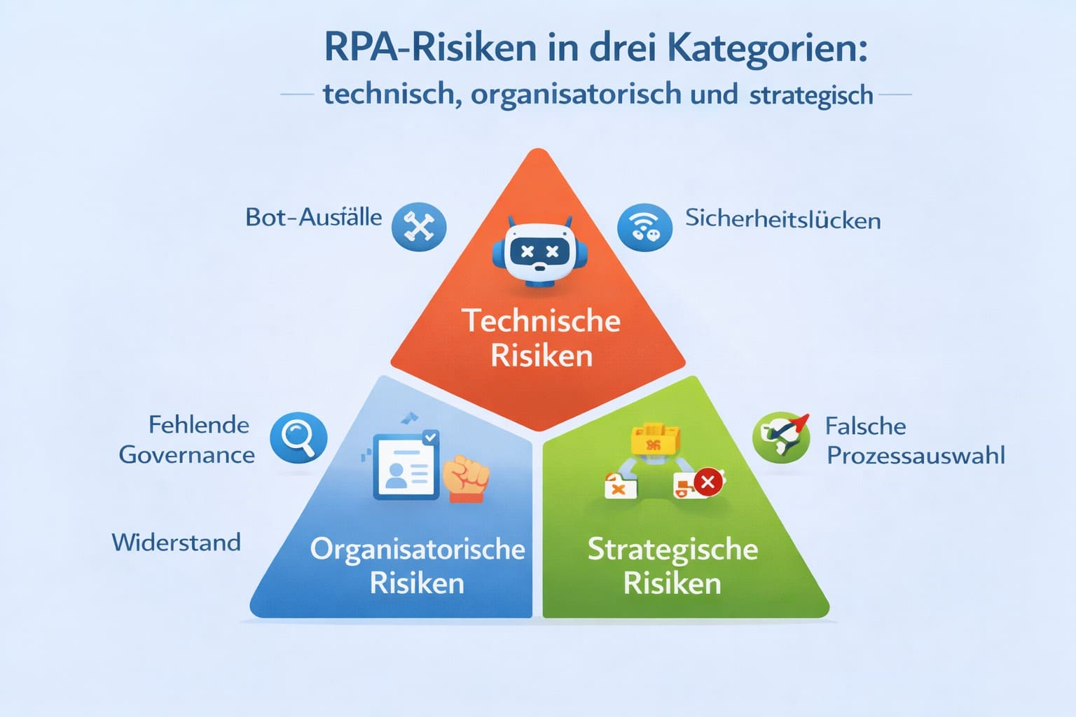 Dreiecks-Diagramm zeigt drei Kategorien von RPA-Risiken: technische Risiken wie Bot-Ausfälle und Sicherheitslücken, organisatorische Risiken wie fehlende Governance und Widerstand, strategische Risiken wie falsche Prozessauswahl