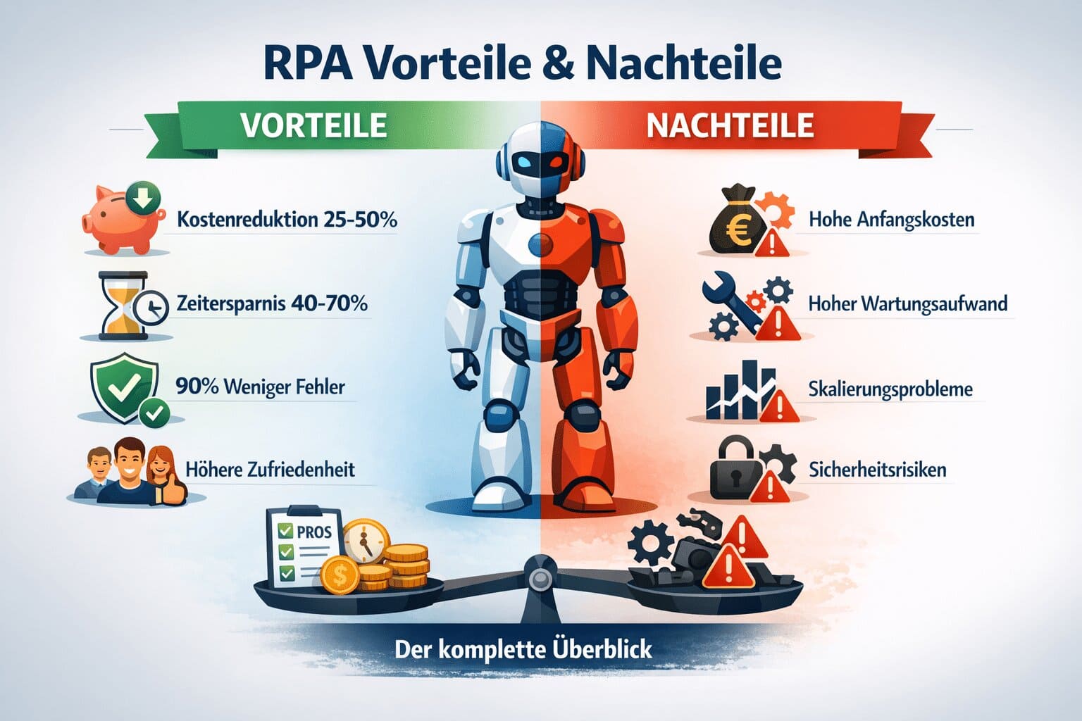 Infografik zeigt RPA Vorteile und Nachteile im Überblick: Kostenreduktion, Zeitersparnis und Fehlerreduktion auf der einen Seite, Wartungsaufwand und Skalierungsprobleme auf der anderen