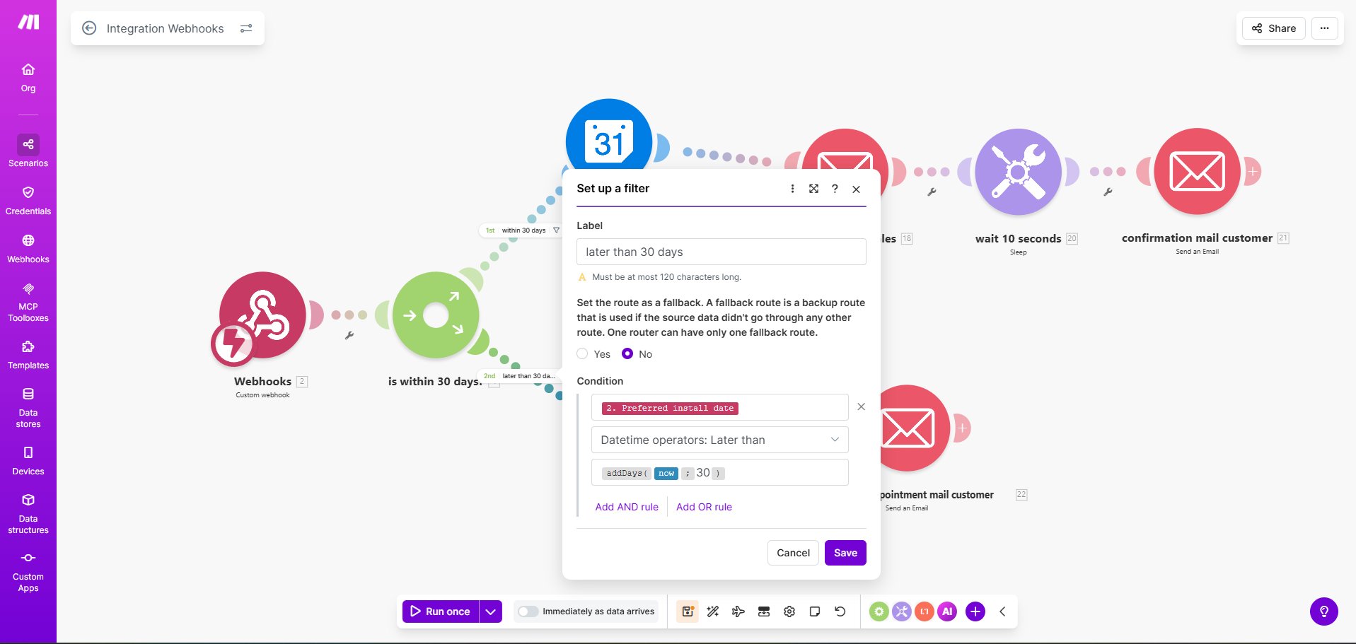 Make.com Router-Filter: Datum-Bedingung für Termine innerhalb von 30 Tagen mit addDays-Funktion