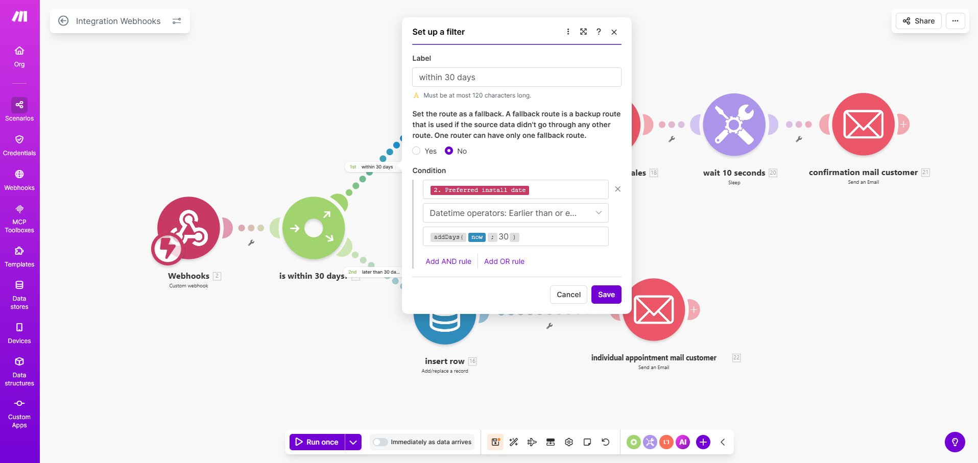 Make.com Router-Filter: Fallback-Route für Termine später als 30 Tage mit Datetime-Operator